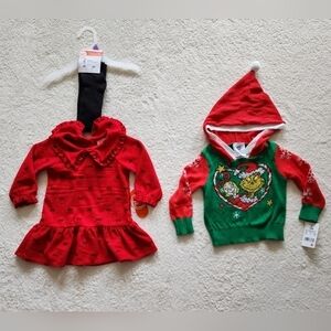 NEW toddler girl holiday Christmas dress with tights and ugly sweater Mr Grinch